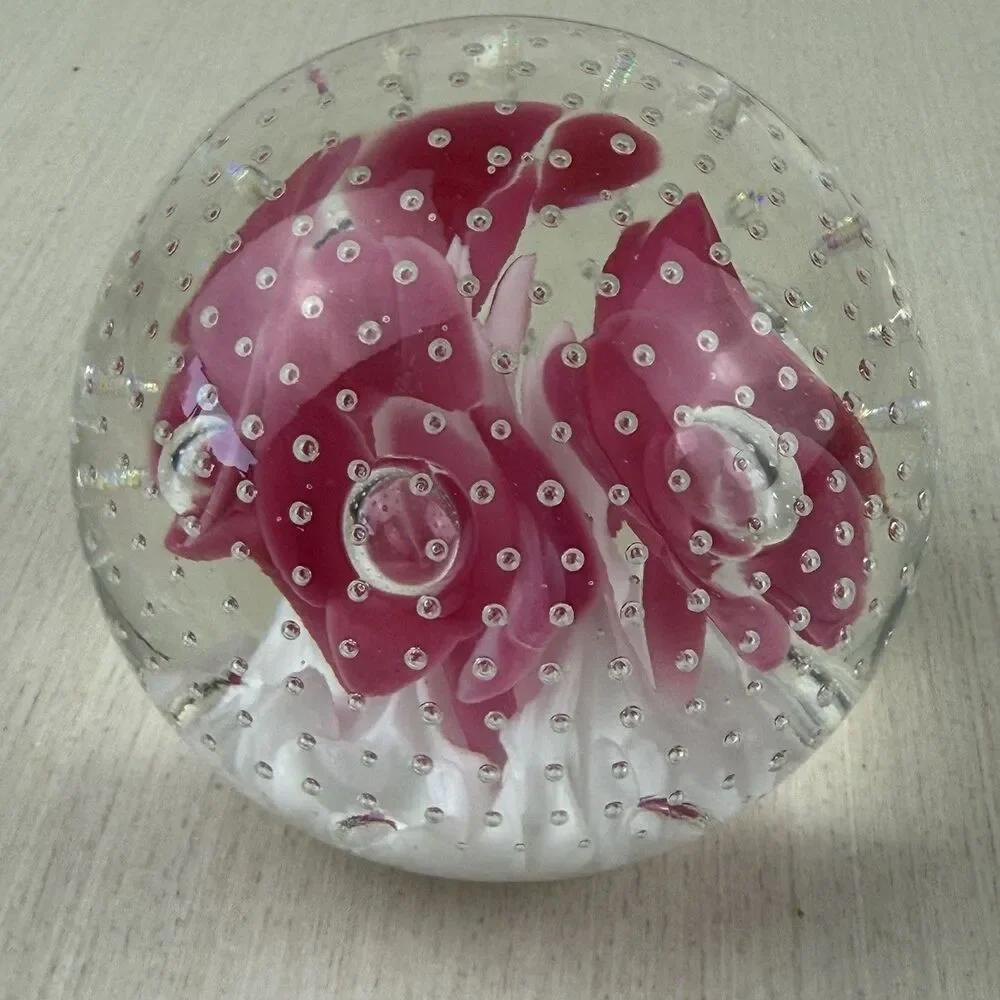 Vintage Joe St Claire Pink Trumpet Flowers Controlled Bubble Paper Weight 3”
